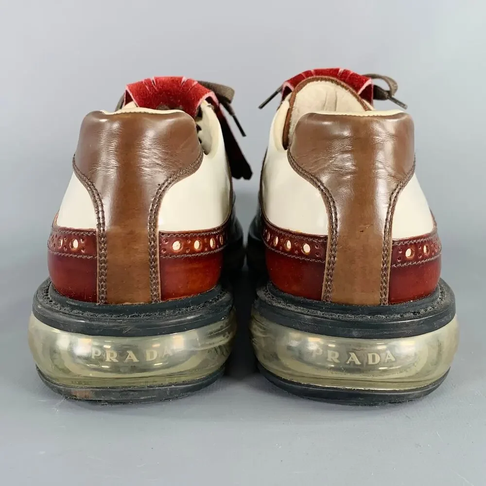 PRADA Size 12 White Burgundy Perforated Leather Lace-Up Shoes